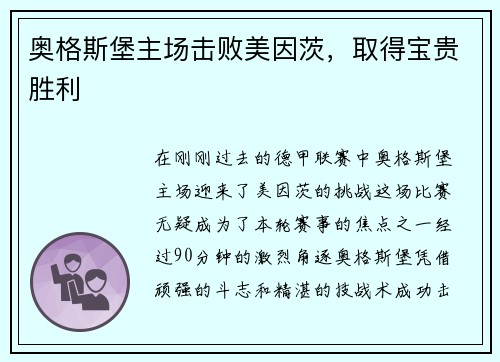 奥格斯堡主场击败美因茨，取得宝贵胜利