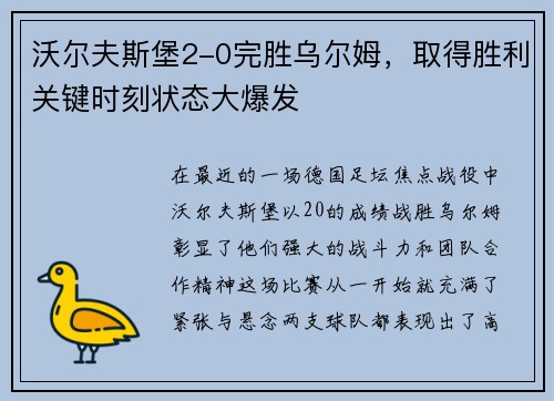 沃尔夫斯堡2-0完胜乌尔姆，取得胜利关键时刻状态大爆发